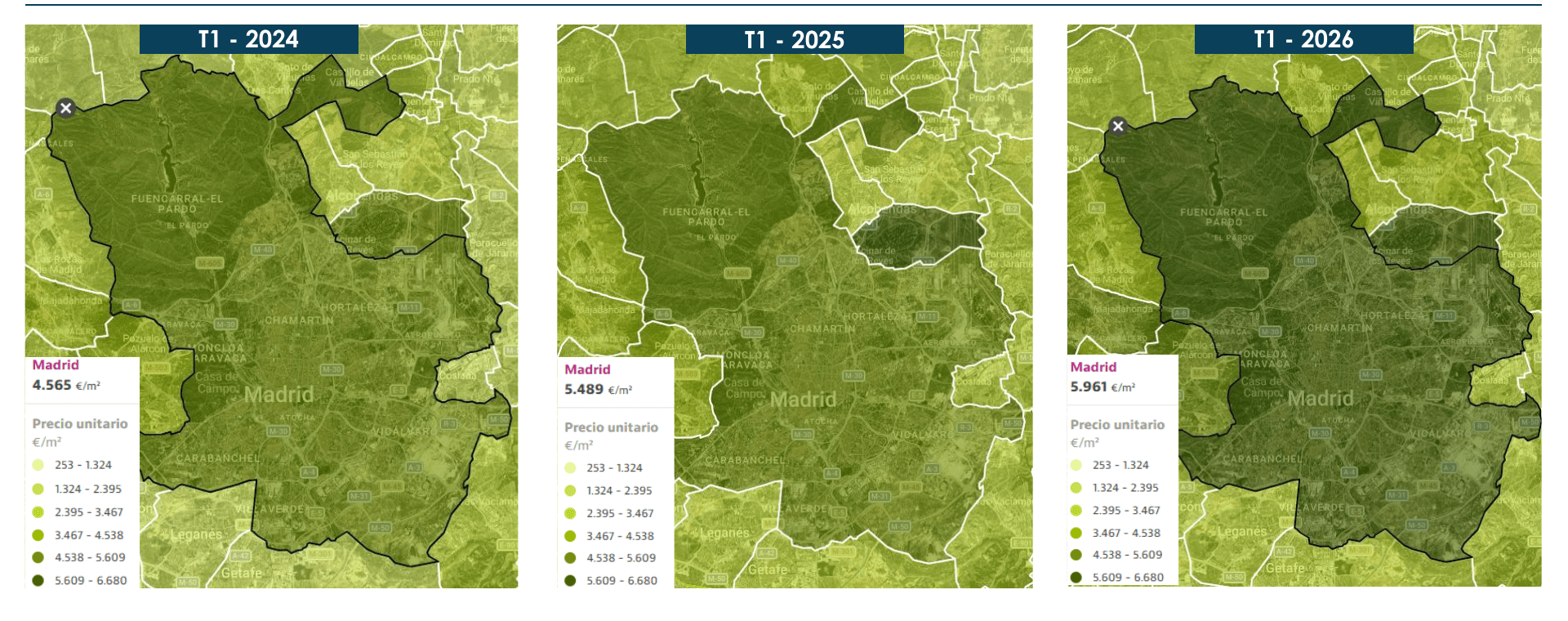 Mapas del precio de venta €/m² de vivienda de 2ª mano en el municipio de Madrid en T1 2024, T1 2025 y T1 2026